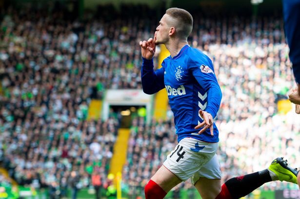 Ryan Kent celebrating his goal vs celtic.